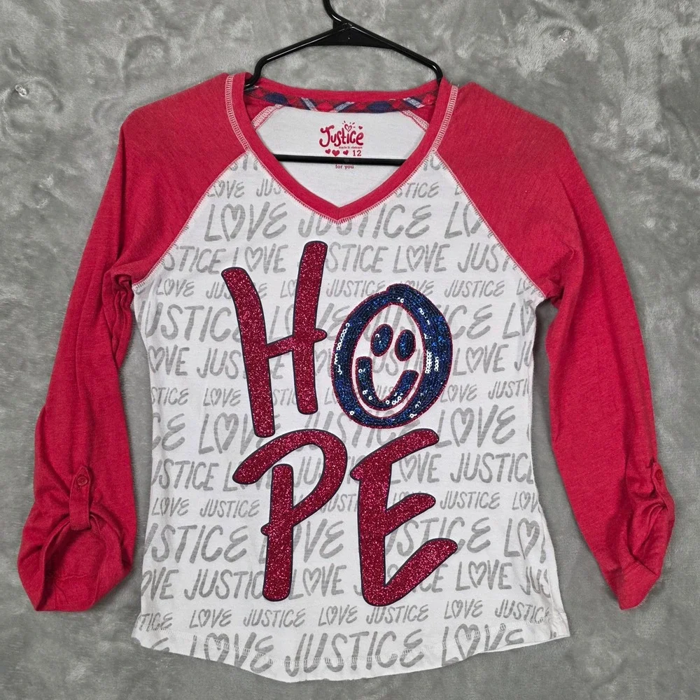 Justice Graphic Tops Girls Size 12 Red White Fair Christmas‎ Hope Sequin 2pc